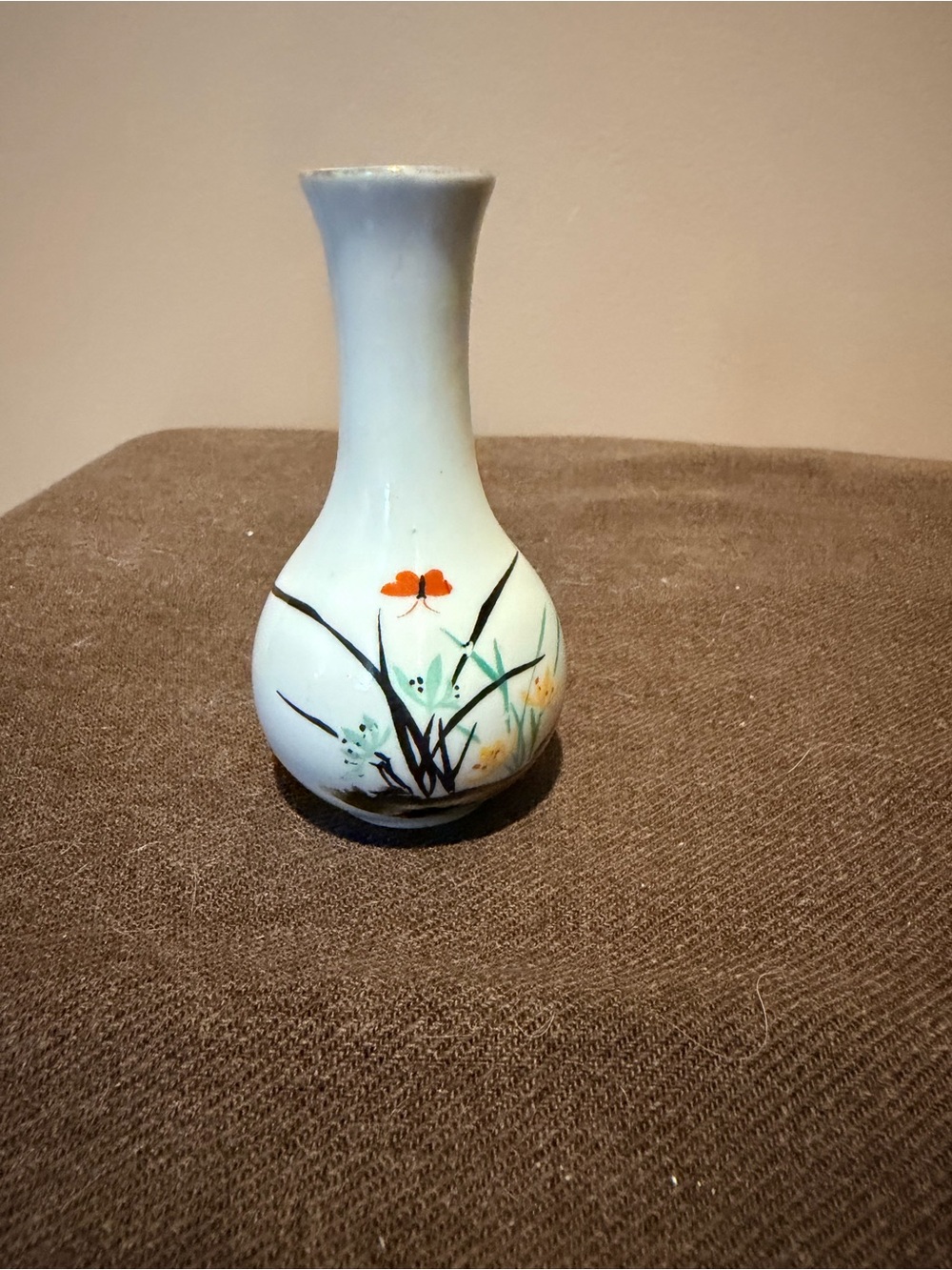 White Porcelain Floral Bud Vase with Orange Accent